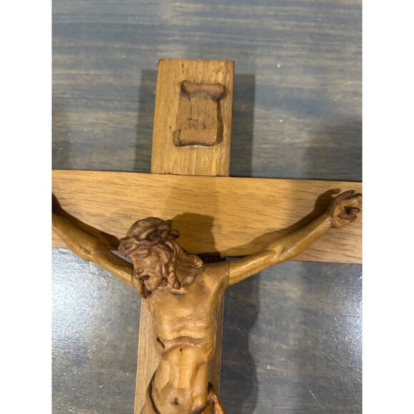 Vintage Anri Italy Hand Carved Wood Cross Crucifix Jesus Original Sticker 13" - Picture 3 of 9